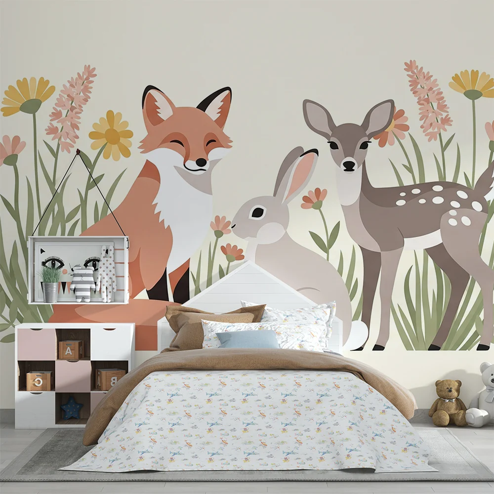 Papel de parede quarto bebê | Животни от гората, заобиколени от цветя