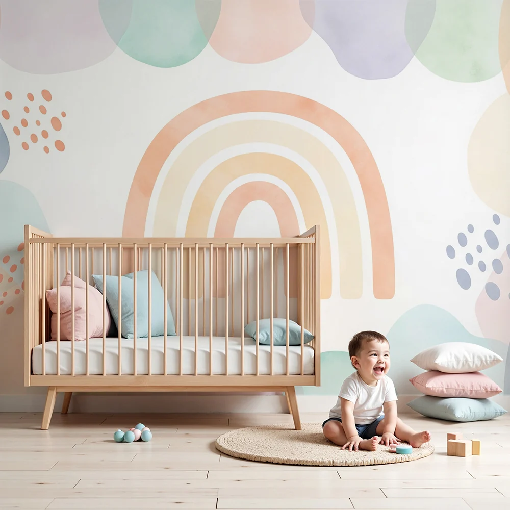 Papel de parede quarto bebê | Мека дъга, обградена от пастелни форми