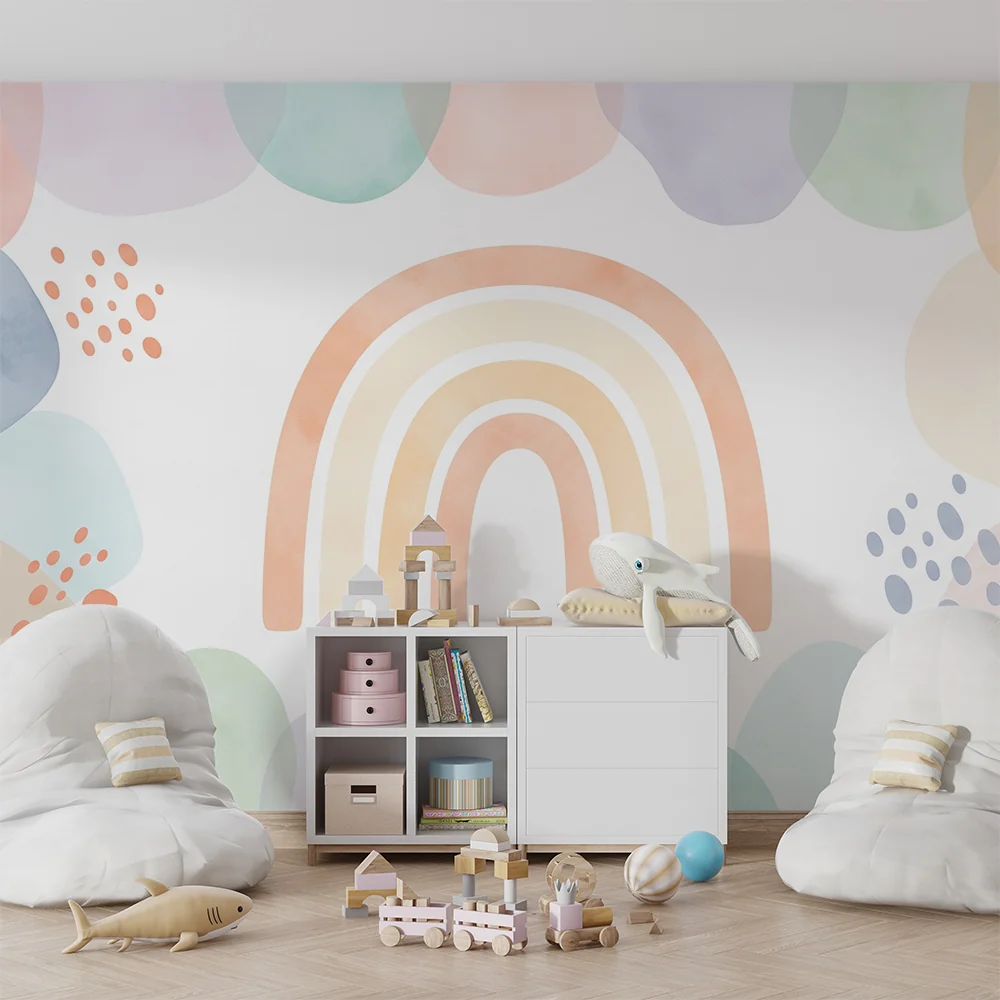 Papel de parede quarto bebê | Мека дъга, обградена от пастелни форми