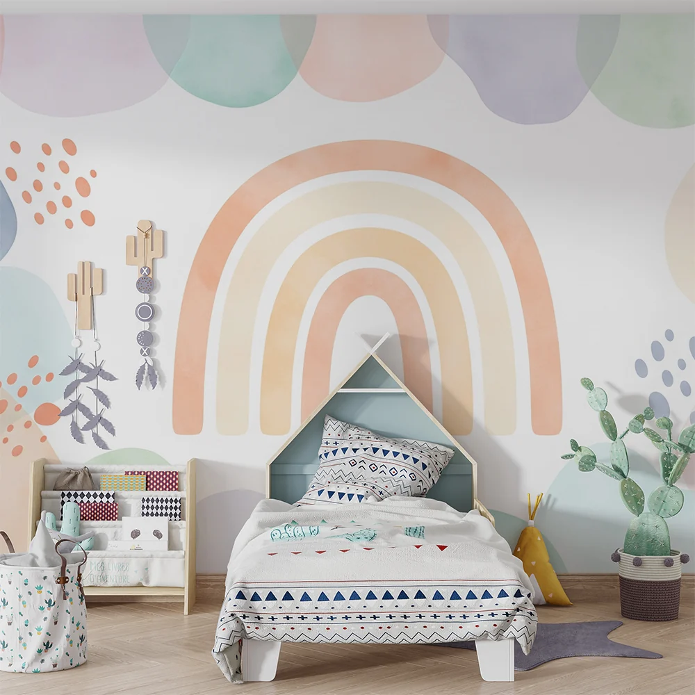 Papel de parede quarto bebê | Мека дъга, обградена от пастелни форми