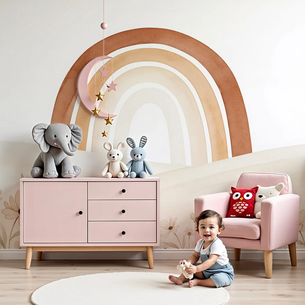 Papel de parede quarto bebê | Мека дъга и деликатни цветя в пастелни тонове