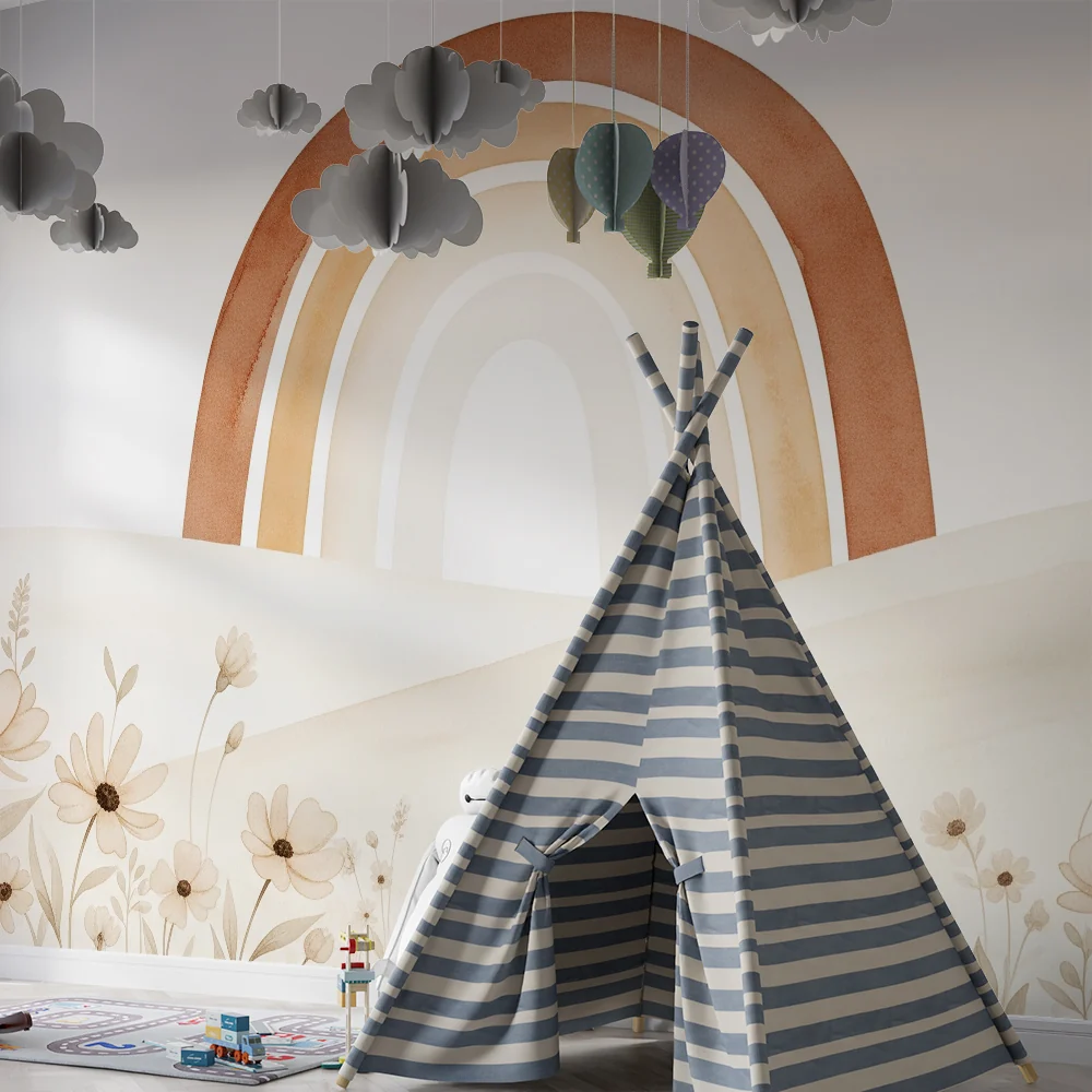 Papel de parede quarto bebê | Мека дъга и деликатни цветя в пастелни тонове