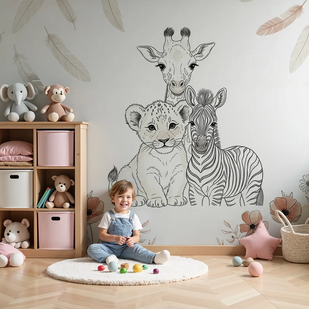 Papel de parede quarto bebê | Мили животни, нежни цветя и падащи пера