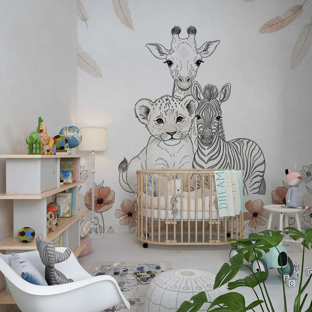Papel de parede quarto bebê | Мили животни, нежни цветя и падащи пера