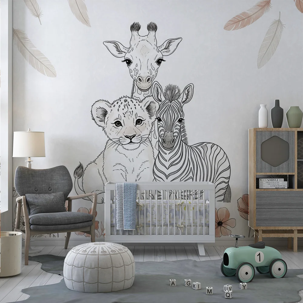 Papel de parede quarto bebê | Мили животни, нежни цветя и падащи пера