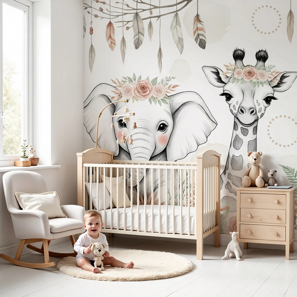 Papel de parede quarto bebê | Прекрасни животни с корони от цветя и висящи пера