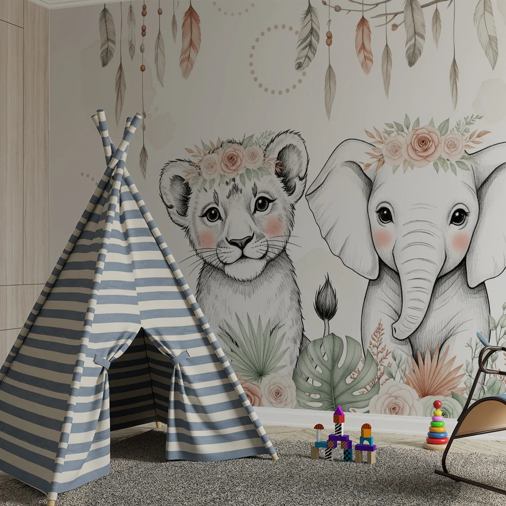 Papel de parede quarto bebê | Прекрасни животни с корони от цветя и висящи пера