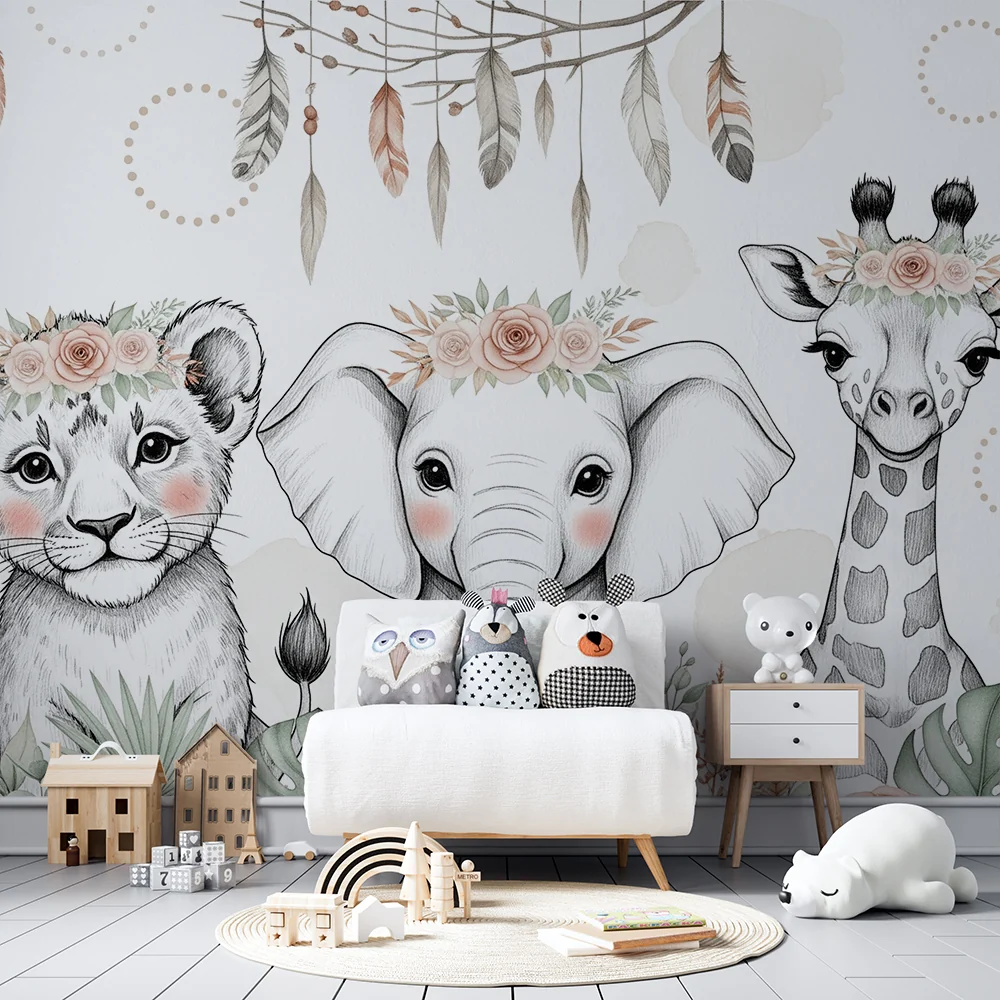 Papel de parede quarto bebê | Прекрасни животни с корони от цветя и висящи пера