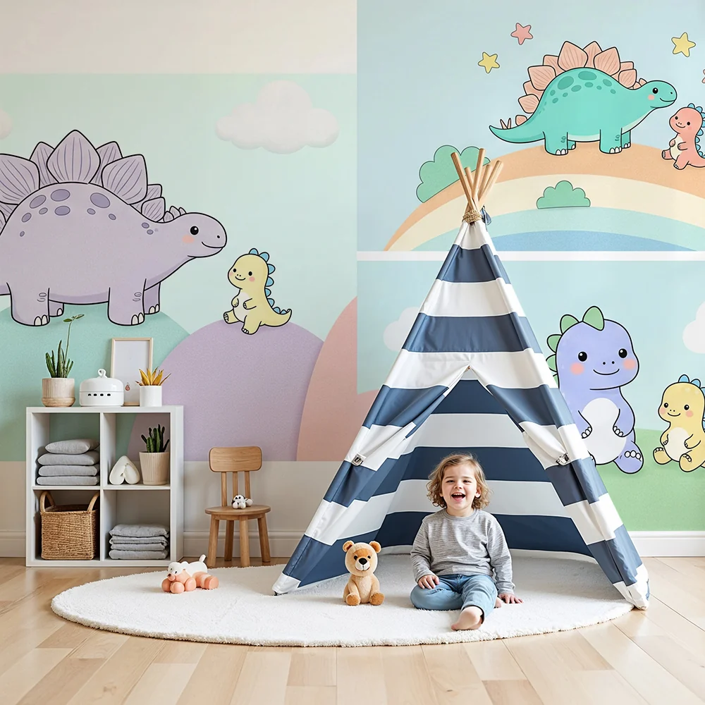 Papel de parede quarto bebê | Прекрасни цветни динозаври върху пастелен фон