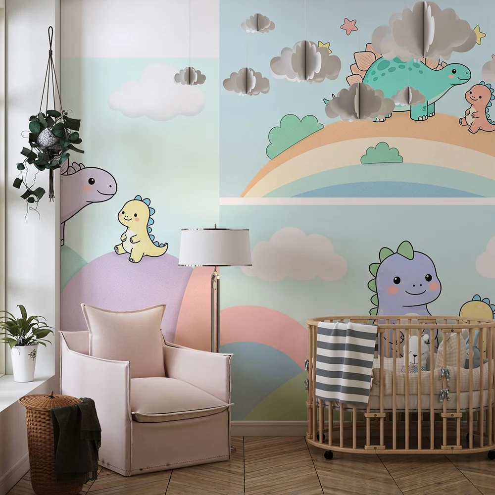 Papel de parede quarto bebê | Прекрасни цветни динозаври върху пастелен фон