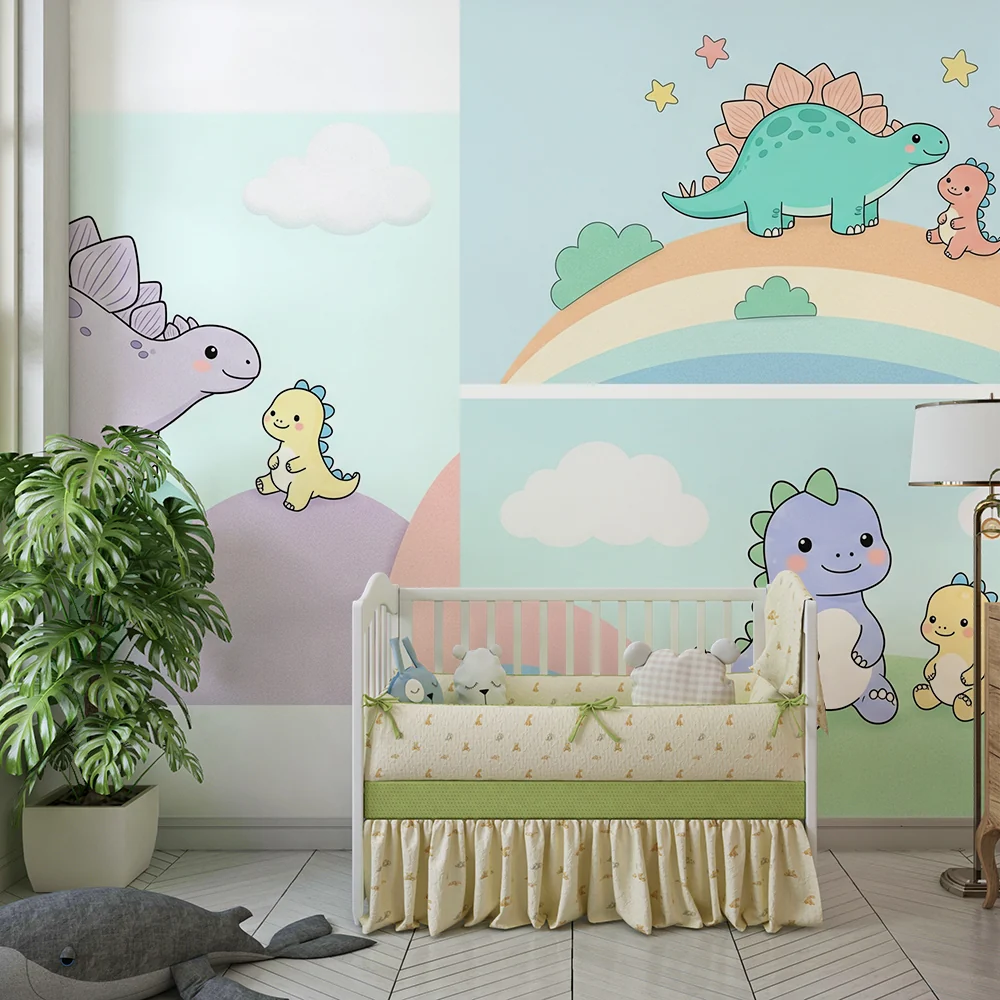 Papel de parede quarto bebê | Прекрасни цветни динозаври върху пастелен фон