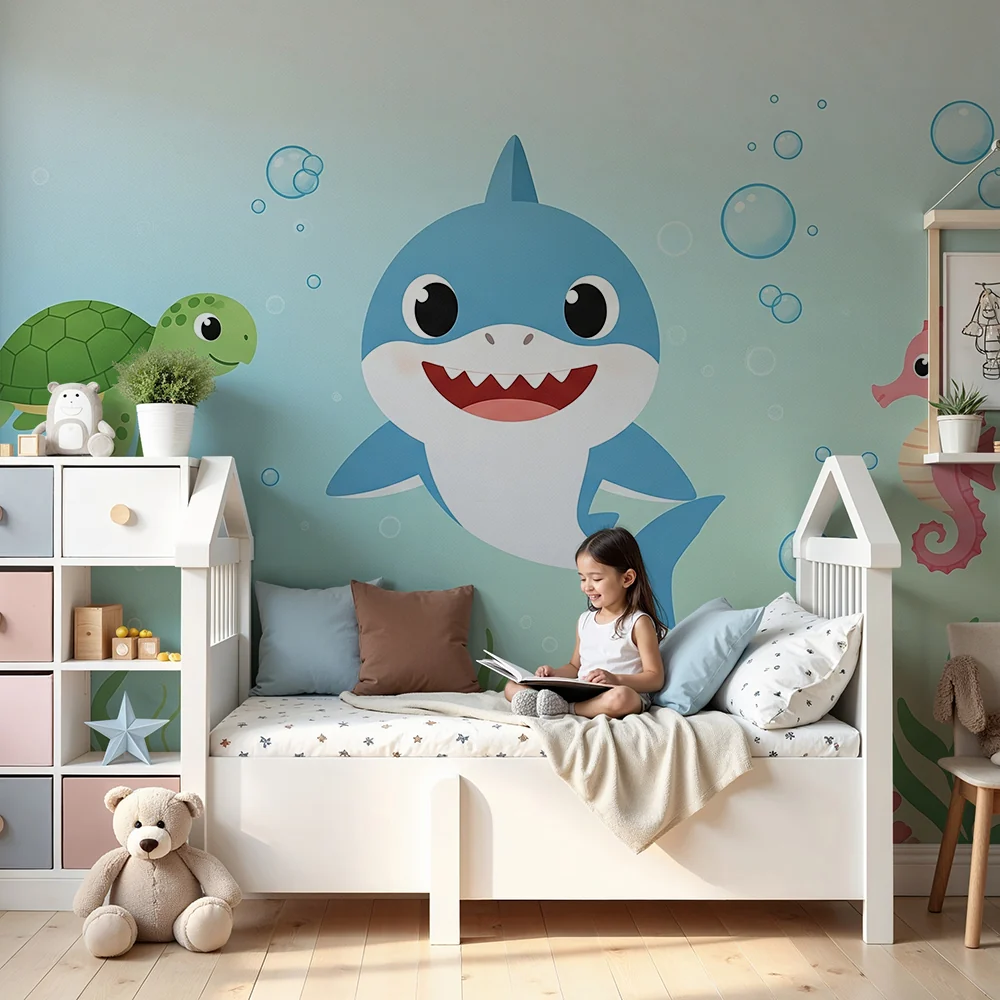 Papel de parede quarto bebê | Весели морски животни с костенурка, акула и морска конска.