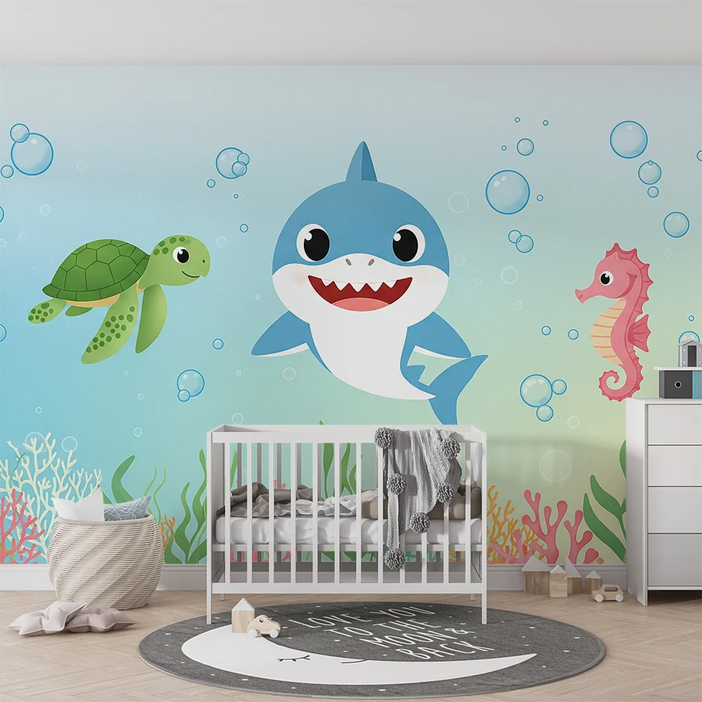Papel de parede quarto bebê | Весели морски животни с костенурка, акула и морска конска.