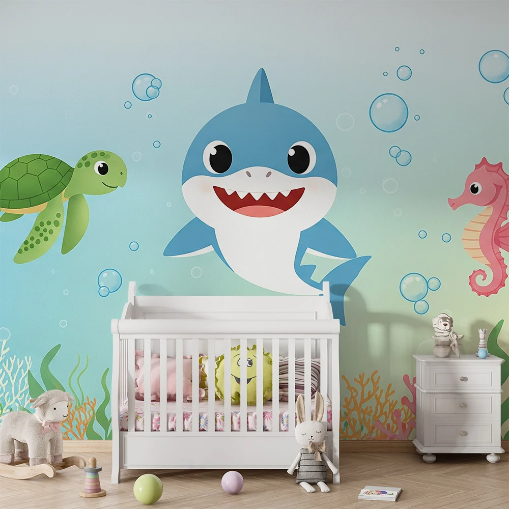 Papel de parede quarto bebê | Весели морски животни с костенурка, акула и морска конска.