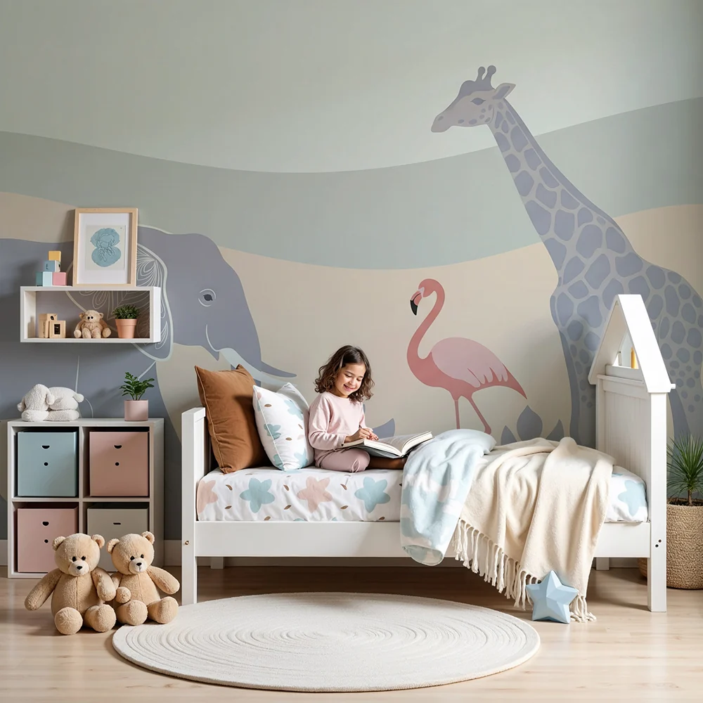 Papel de parede quarto bebê | Животни от савана с розово пламенно фламинго и жираф