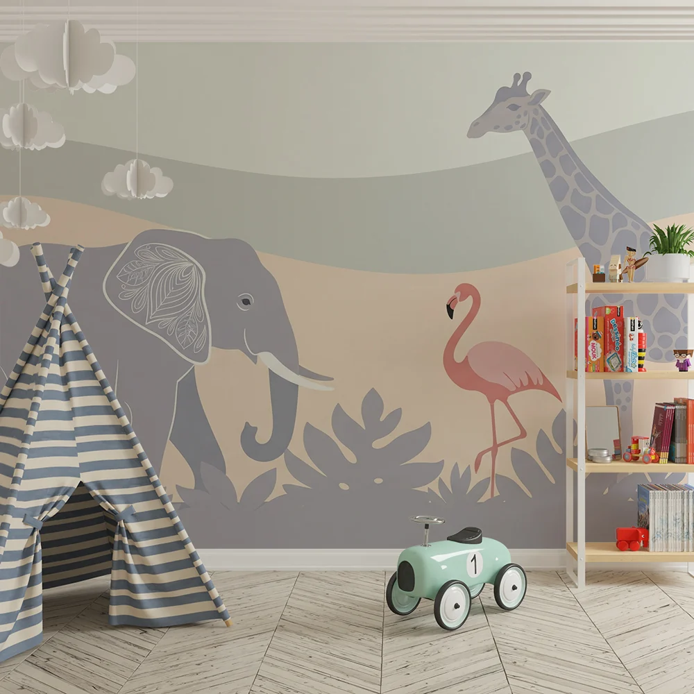Papel de parede quarto bebê | Животни от савана с розово пламенно фламинго и жираф