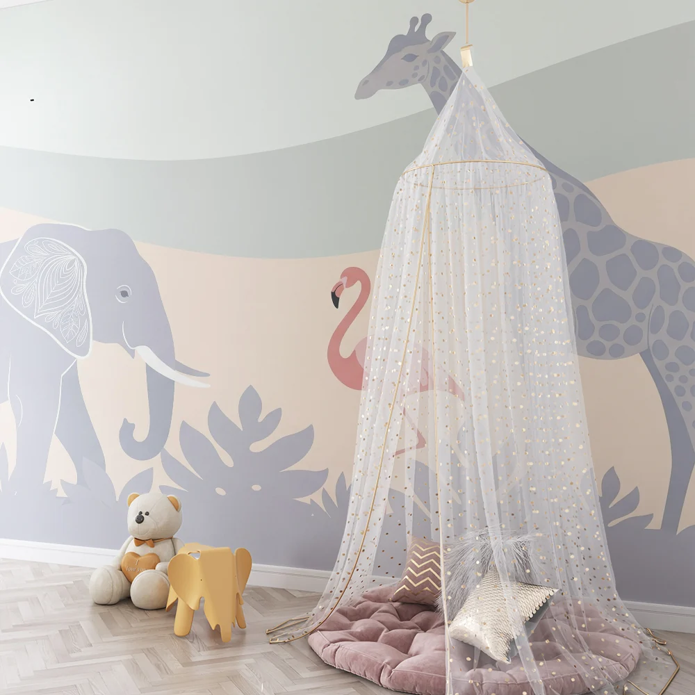 Papel de parede quarto bebê | Животни от савана с розово пламенно фламинго и жираф