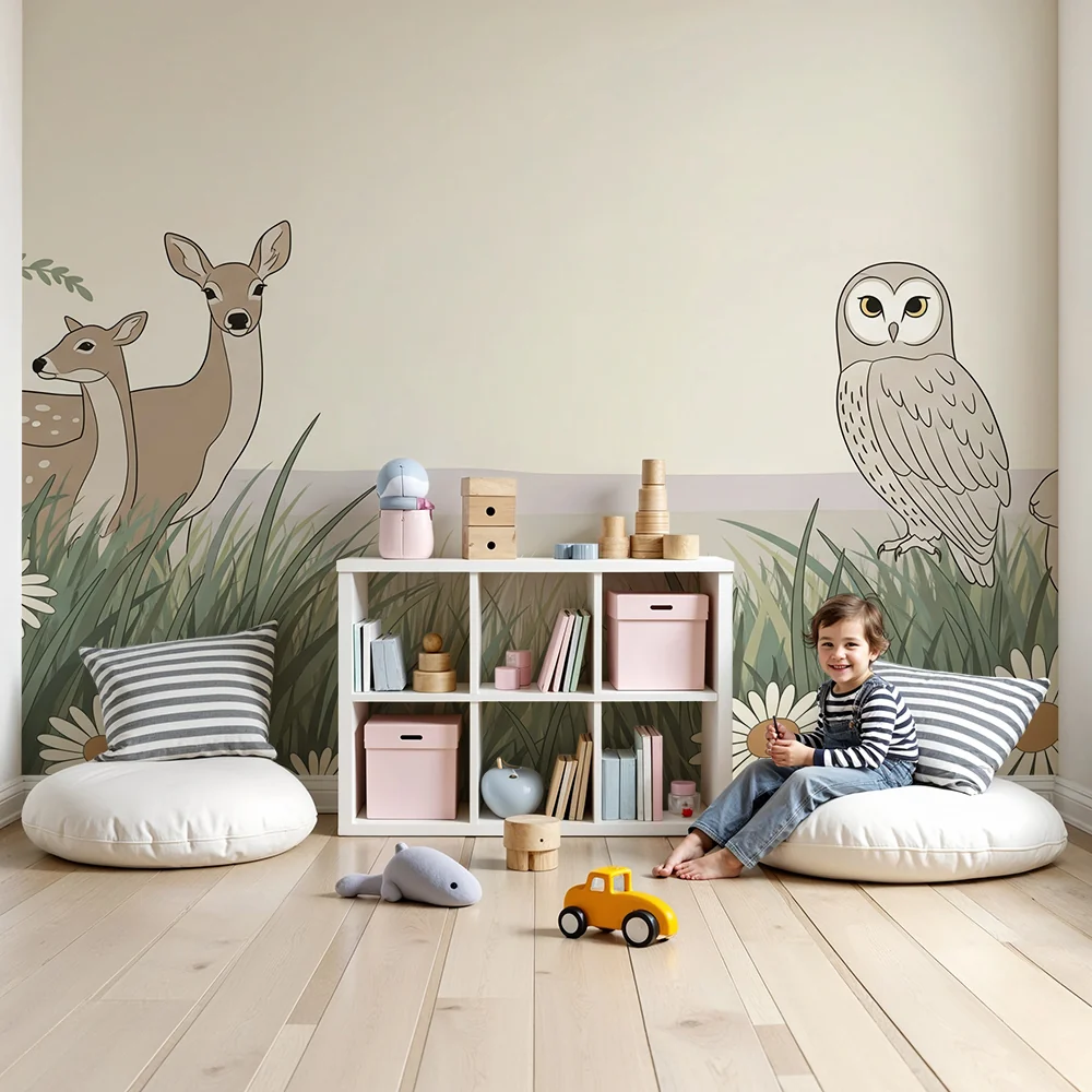 Papel de parede quarto bebê | Животни от гората в поле с маргаритки