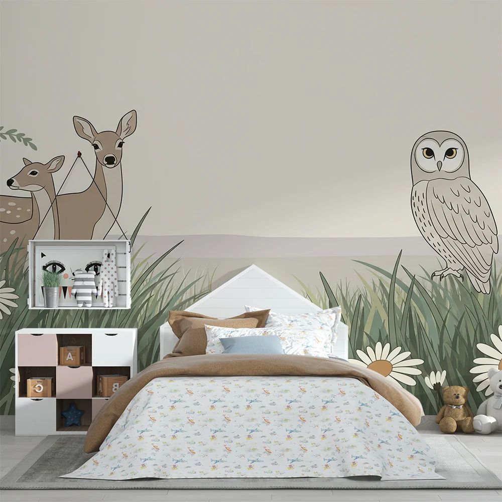 Papel de parede quarto bebê | Животни от гората в поле с маргаритки
