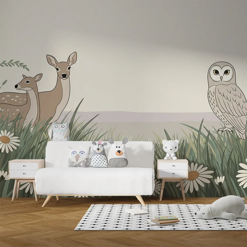 Papel de parede quarto bebê | Животни от гората в поле с маргаритки