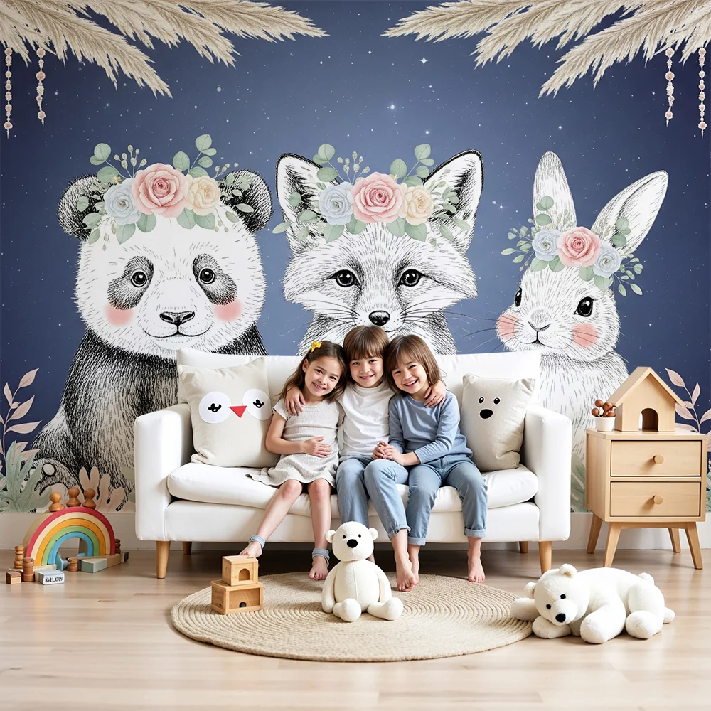 Papel de parede quarto bebê | Прекрасни животни с корони от цветя звездна нощ