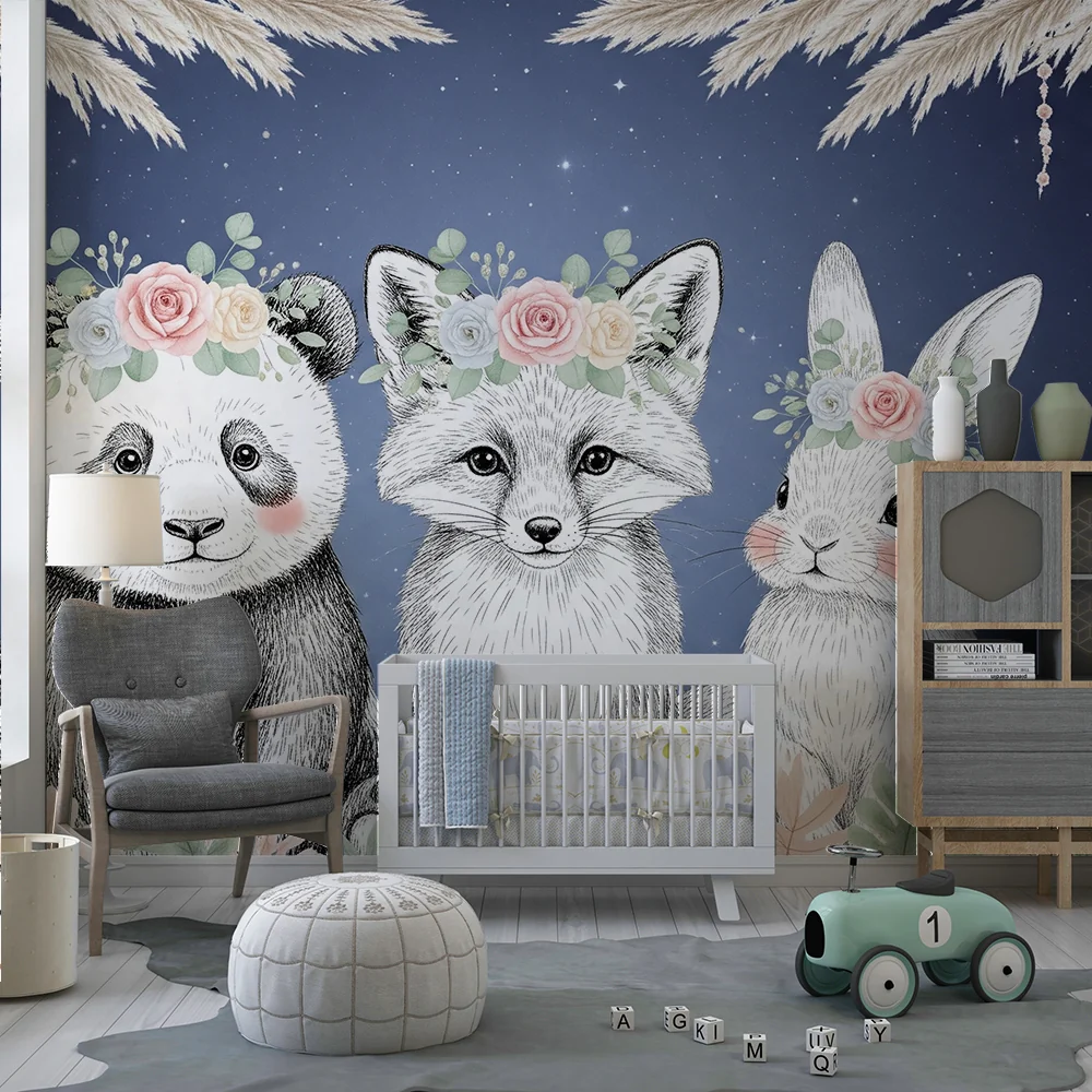Papel de parede quarto bebê | Прекрасни животни с корони от цветя звездна нощ