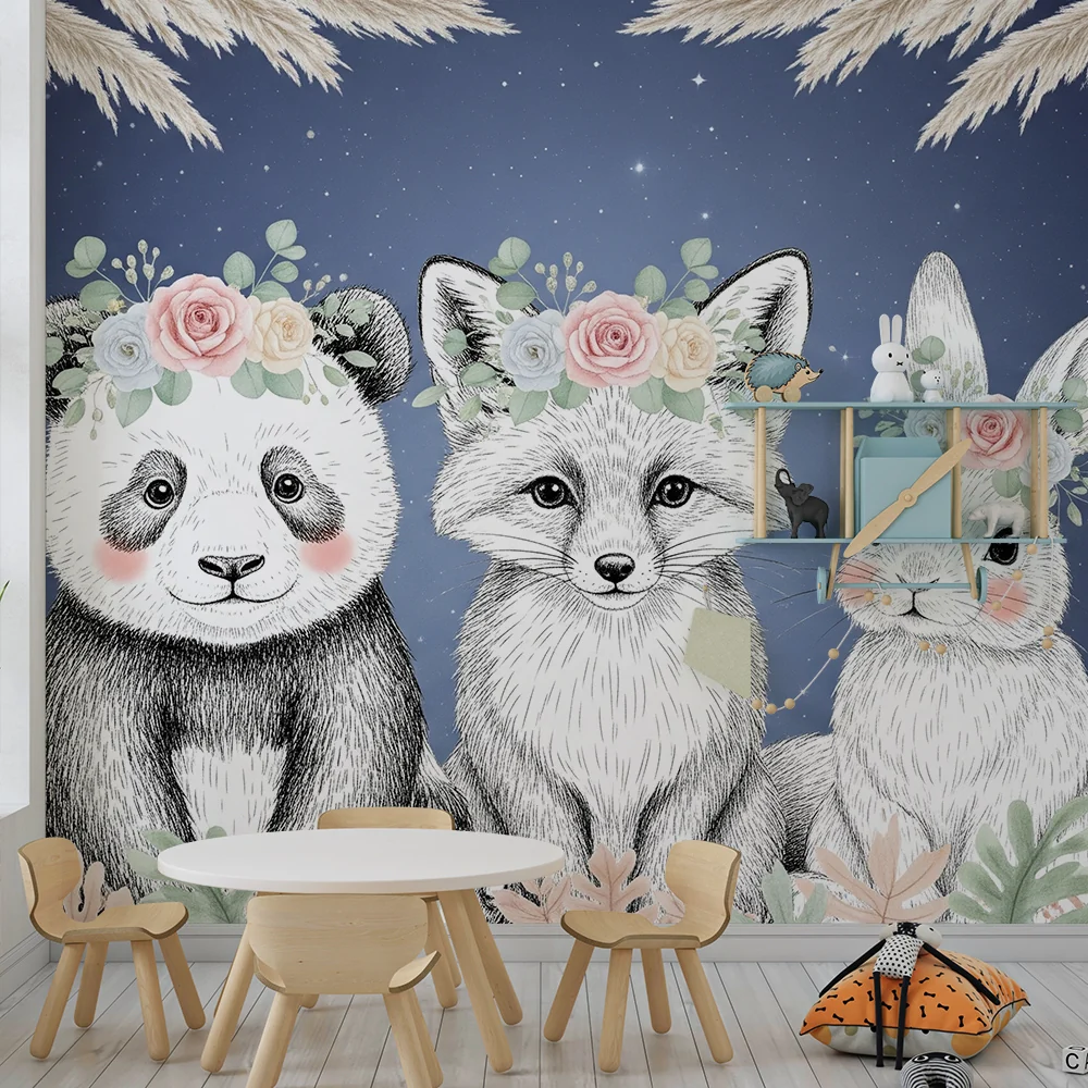 Papel de parede quarto bebê | Прекрасни животни с корони от цветя звездна нощ