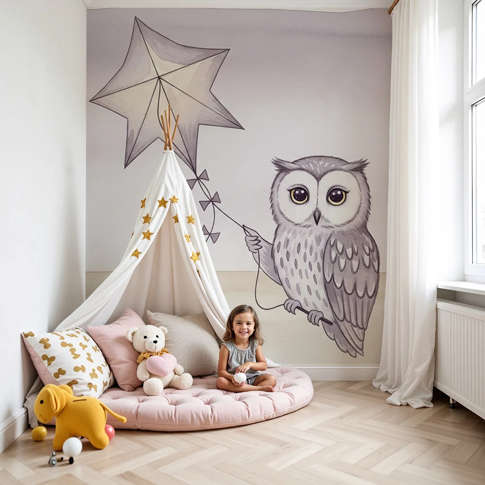 Papel de parede quarto bebê | Спяща сова със звезда