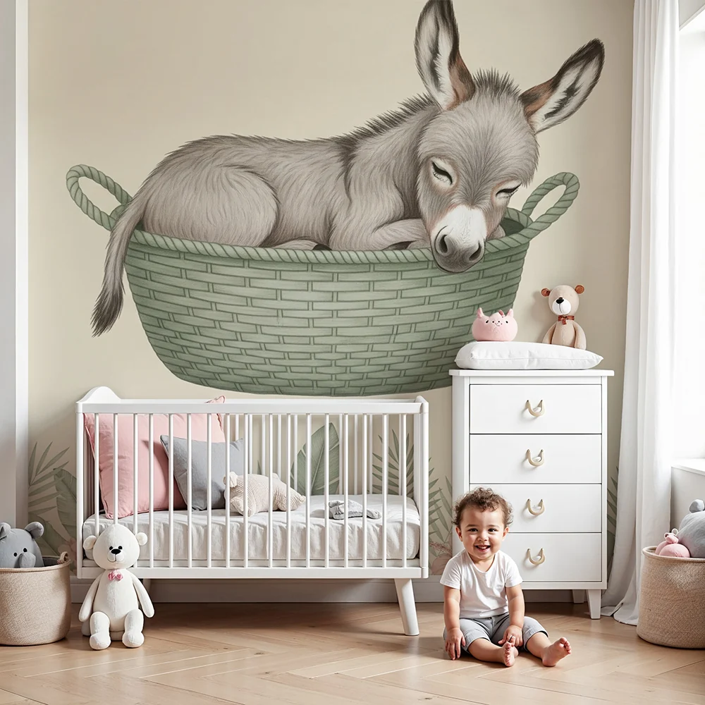 Papel de parede quarto bebê | Спящо магаре в кошница