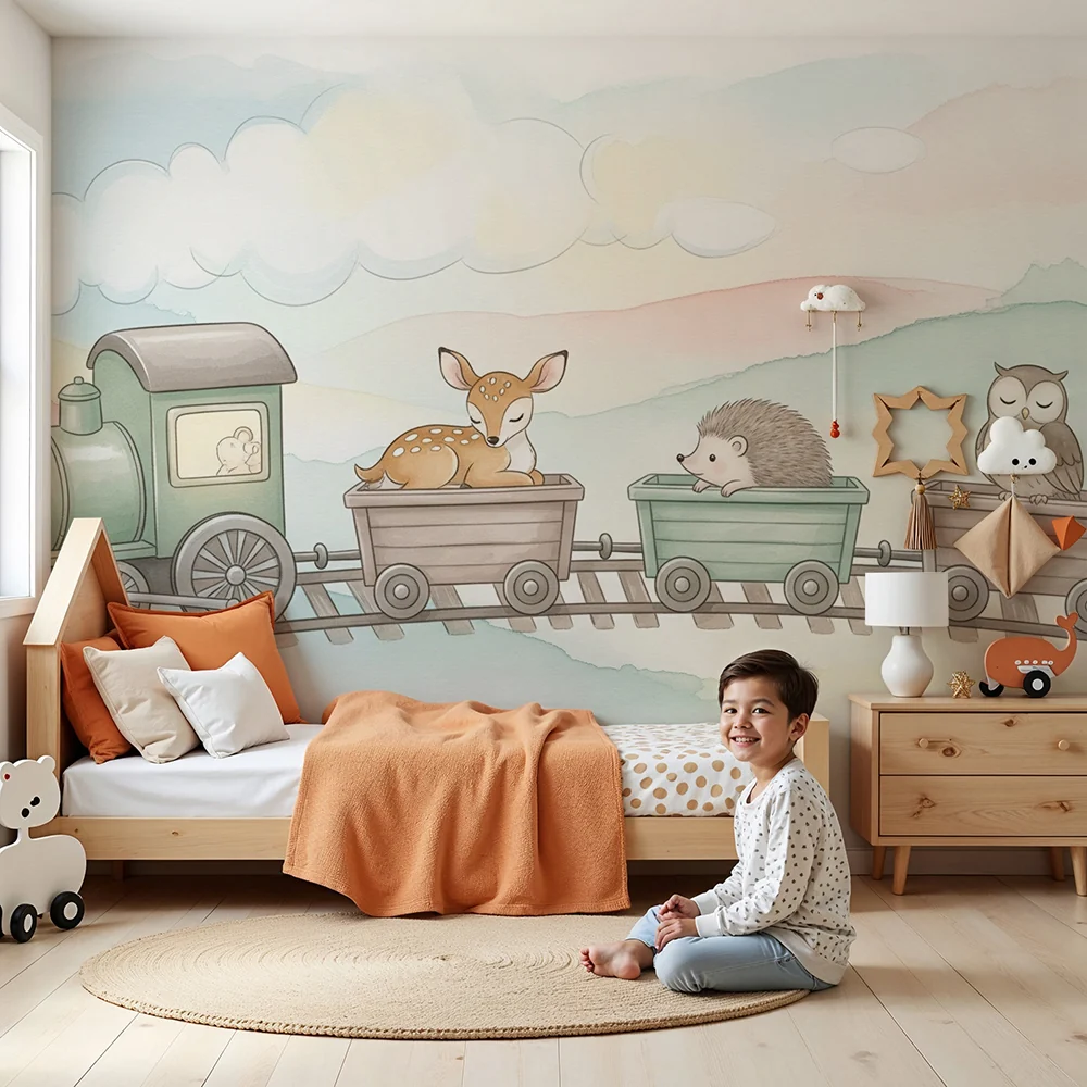 Papel de parede quarto bebê | Цветен влак с очарователни животни