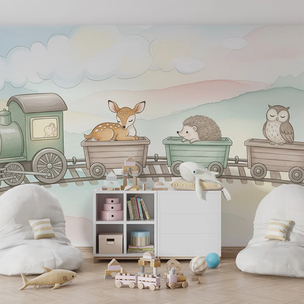 Papel de parede quarto bebê | Цветен влак с очарователни животни