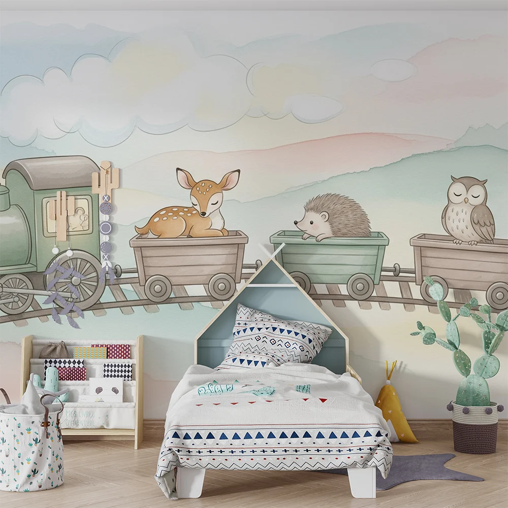 Papel de parede quarto bebê | Цветен влак с очарователни животни