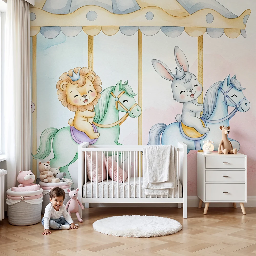 Papel de parede quarto bebê | Забавен карусел с мили животни