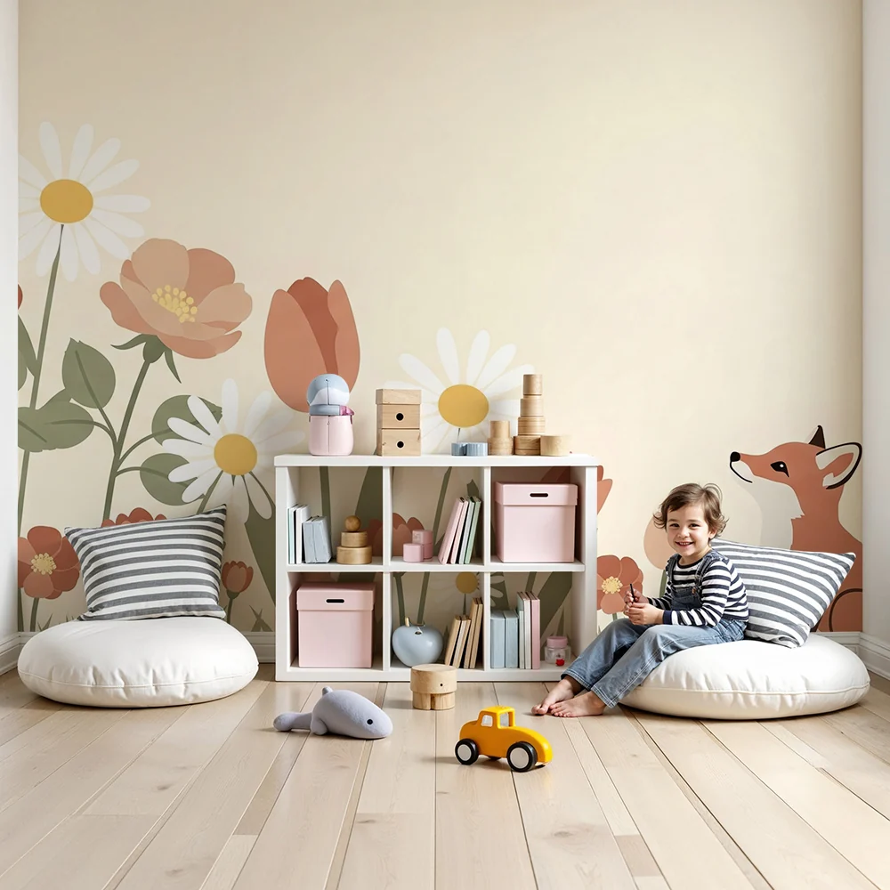 Papel de parede quarto bebê | Любопитна лисица сред цветята