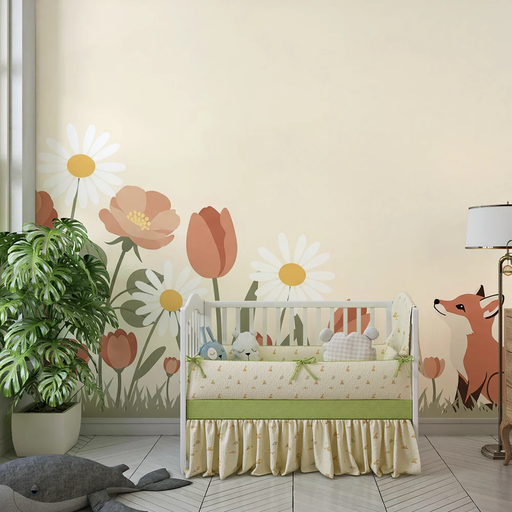 Papel de parede quarto bebê | Любопитна лисица сред цветята