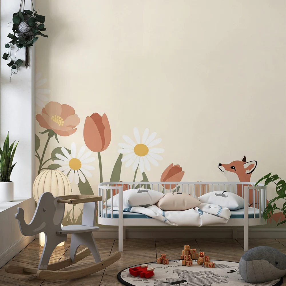 Papel de parede quarto bebê | Любопитна лисица сред цветята