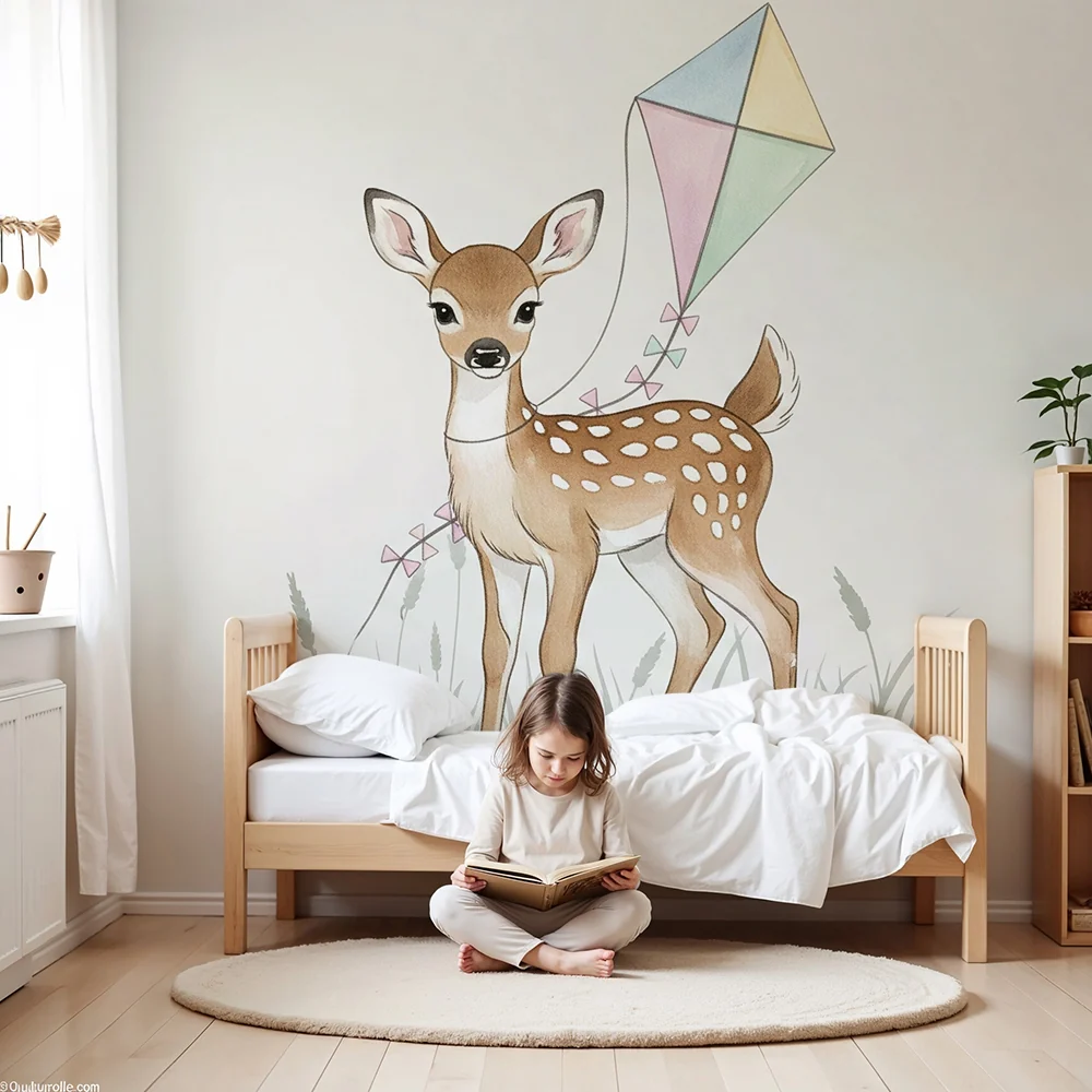 Papel de parede quarto bebê | Весела еленска и цветен ветроплавещеник
