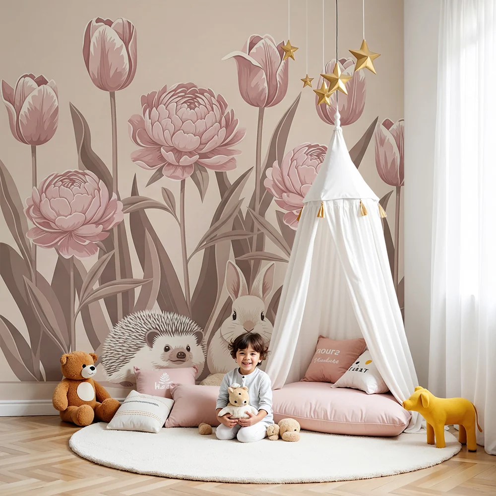 Papel de parede quarto bebê | Ёж и заек сред цветя