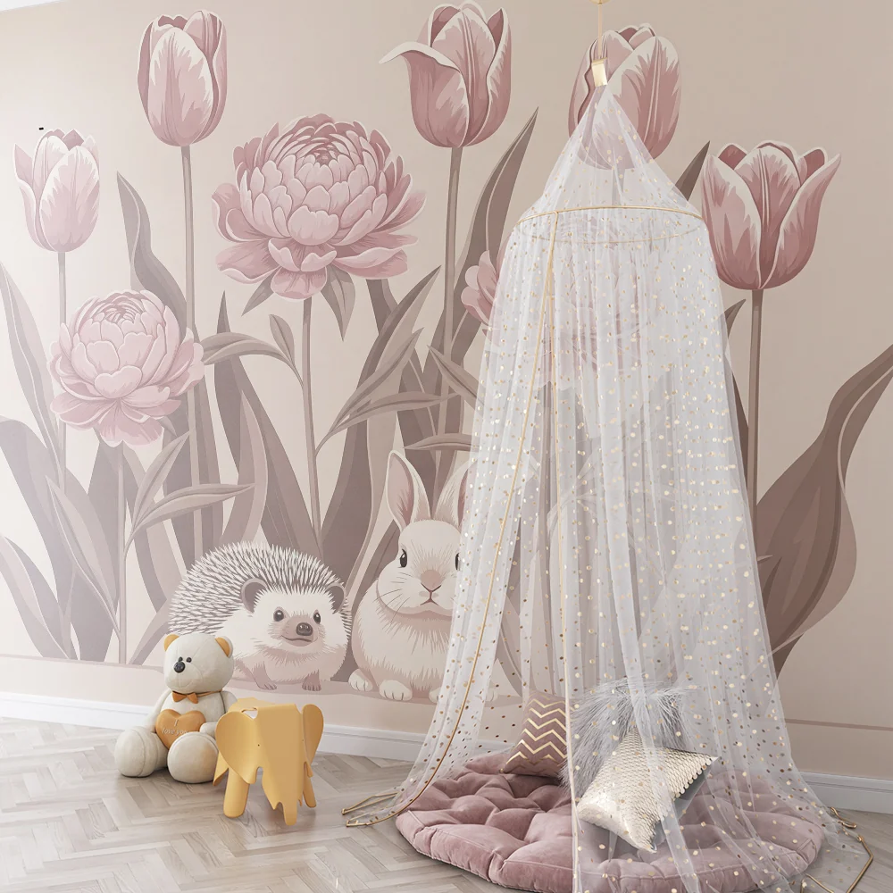 Papel de parede quarto bebê | Ёж и заек сред цветя