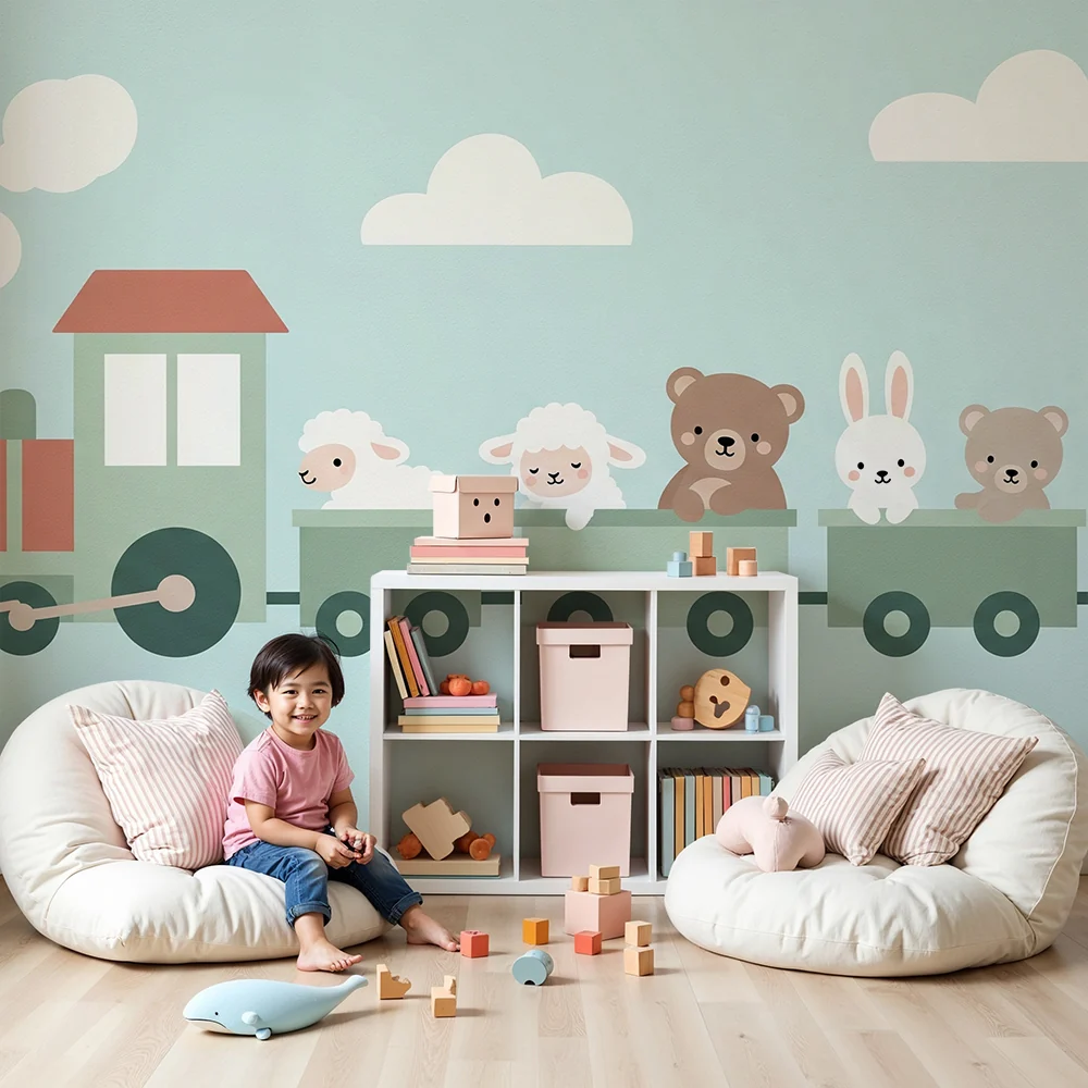 Papel de parede quarto bebê | Забавен влак с меки животни