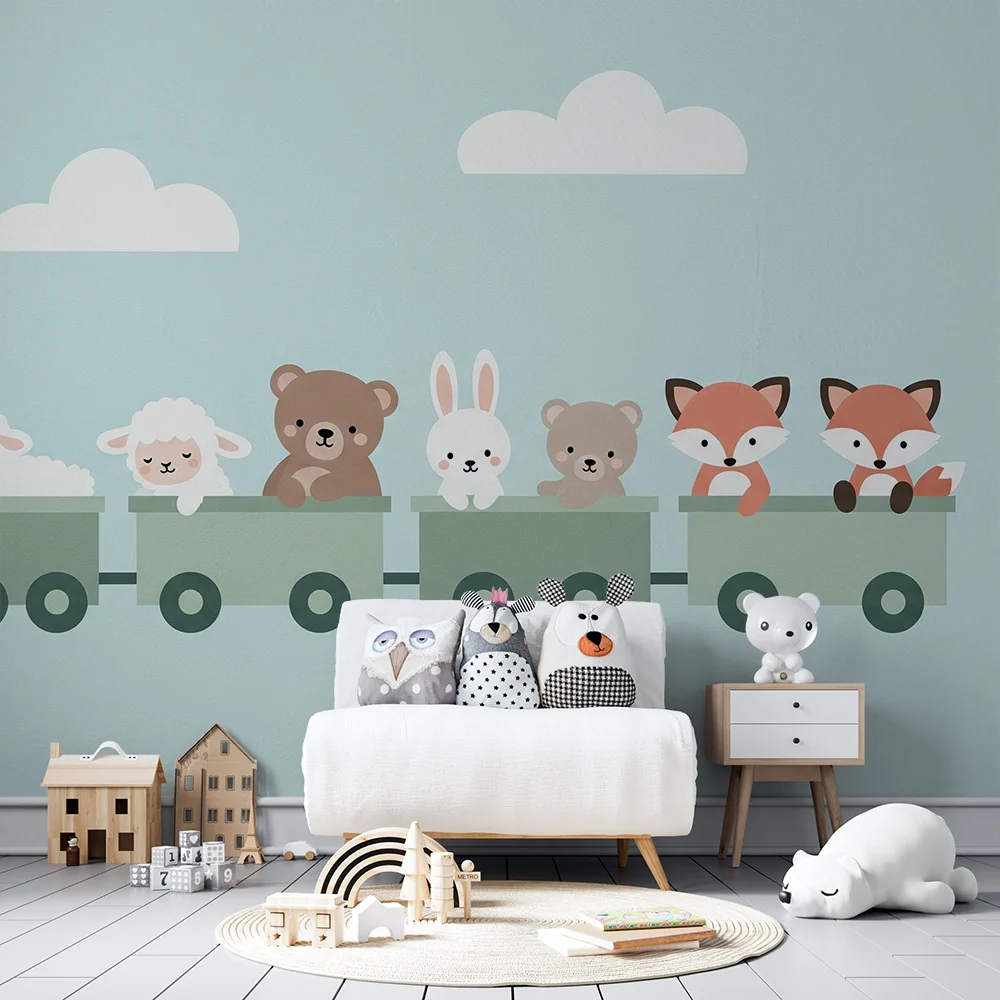 Papel de parede quarto bebê | Забавен влак с меки животни