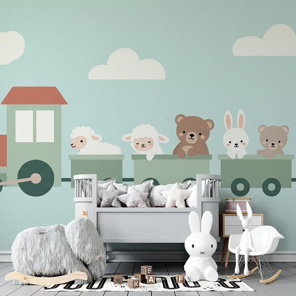 Papel de parede quarto bebê | Забавен влак с меки животни