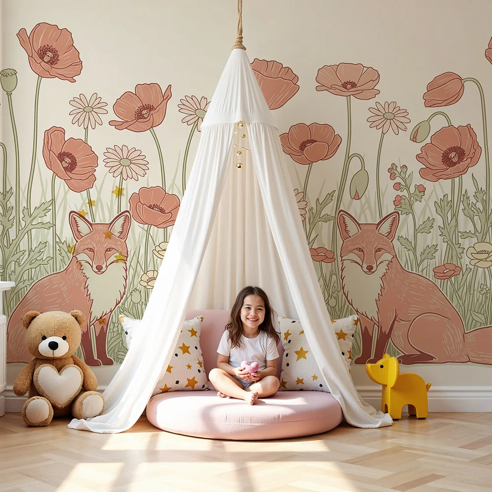 Papel de parede quarto bebê | Лисици и нежни цветя