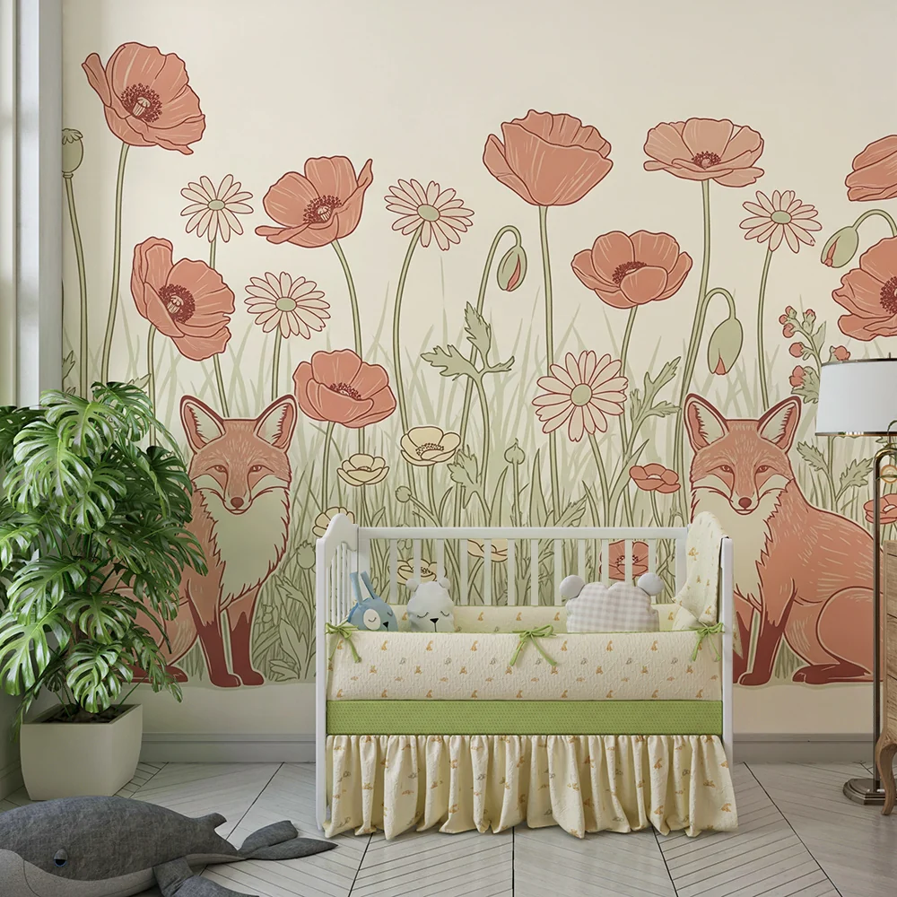 Papel de parede quarto bebê | Лисици и нежни цветя