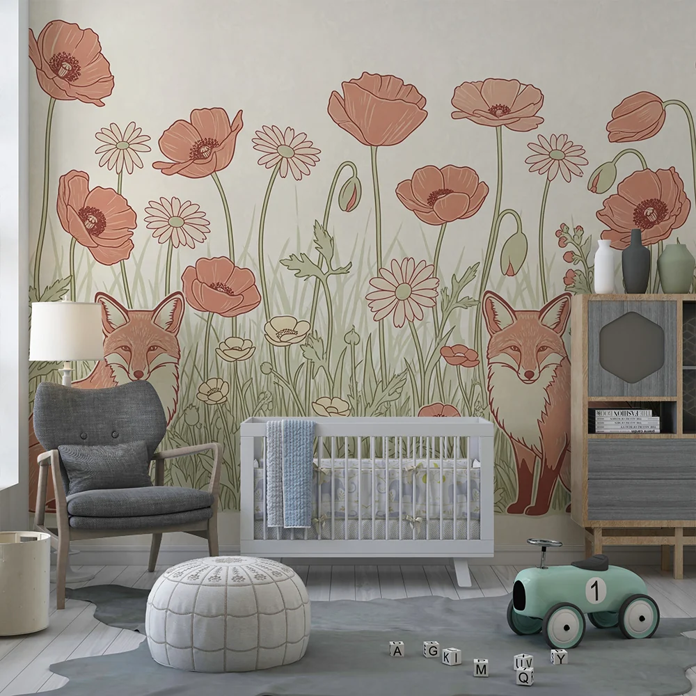 Papel de parede quarto bebê | Лисици и нежни цветя