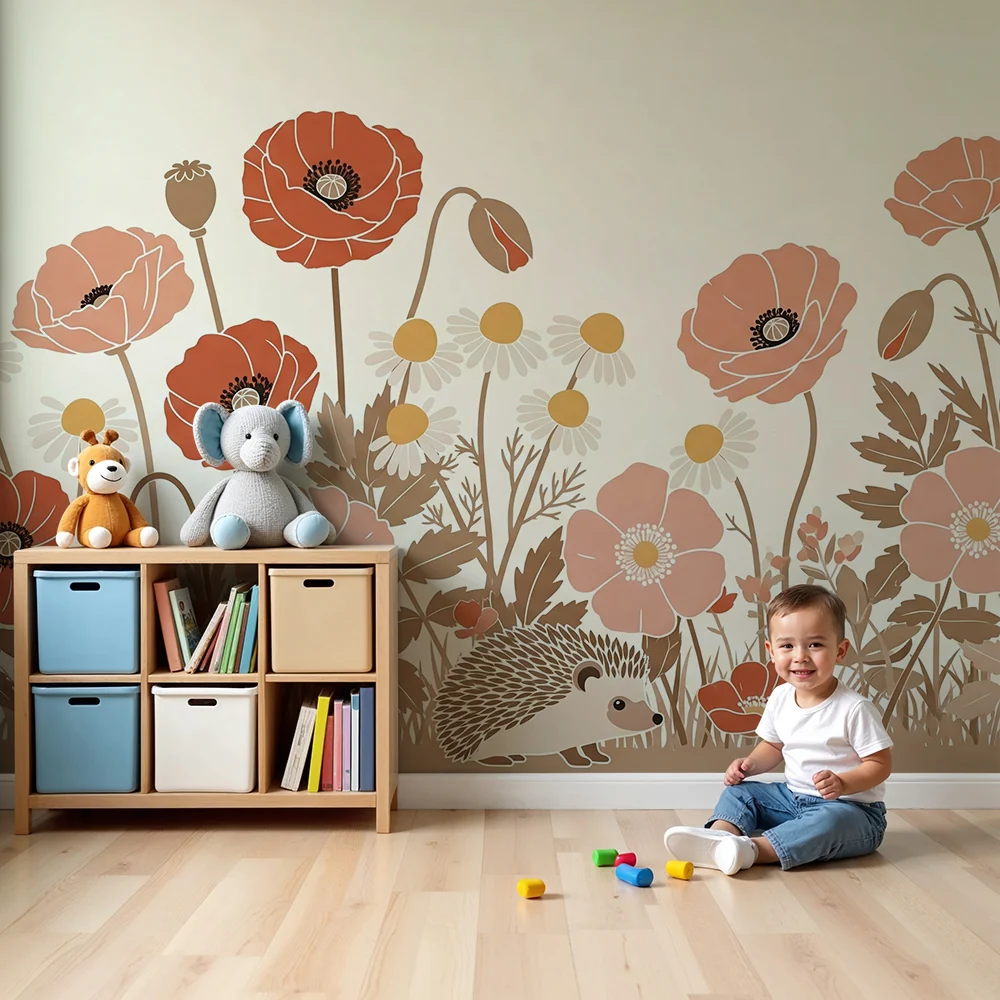 Papel de parede quarto bebê | Ёж играч сред цветниците