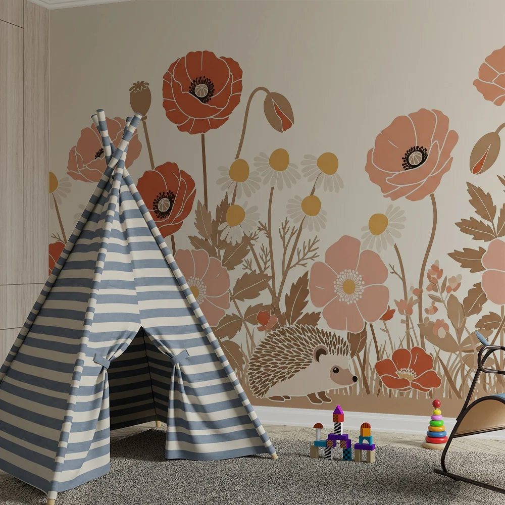 Papel de parede quarto bebê | Ёж играч сред цветниците