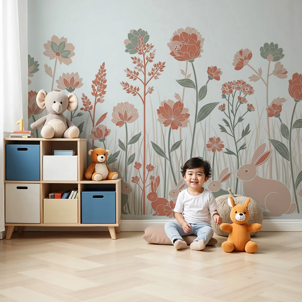Papel de parede quarto bebê | Цветни градини с очарователни заекчета
