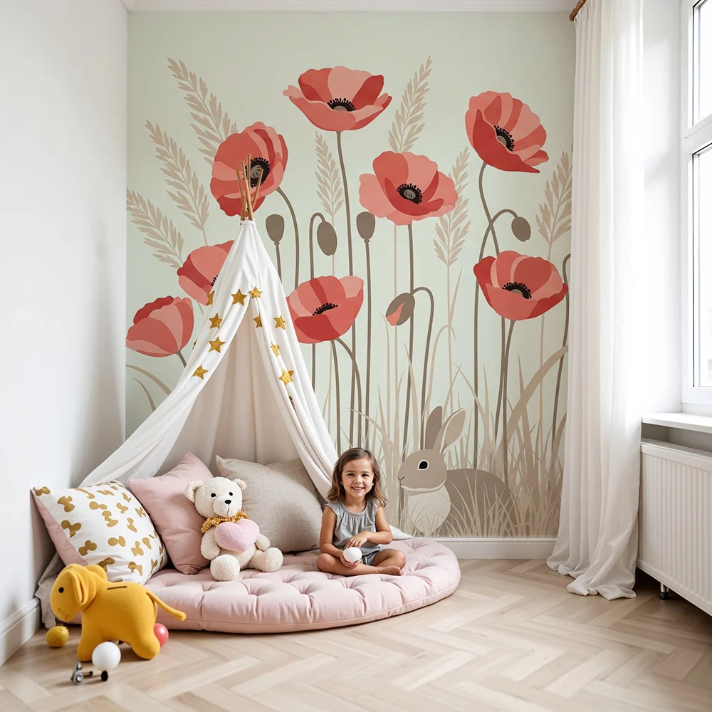 Papel de parede quarto bebê | Зайци и макове в цветно поле