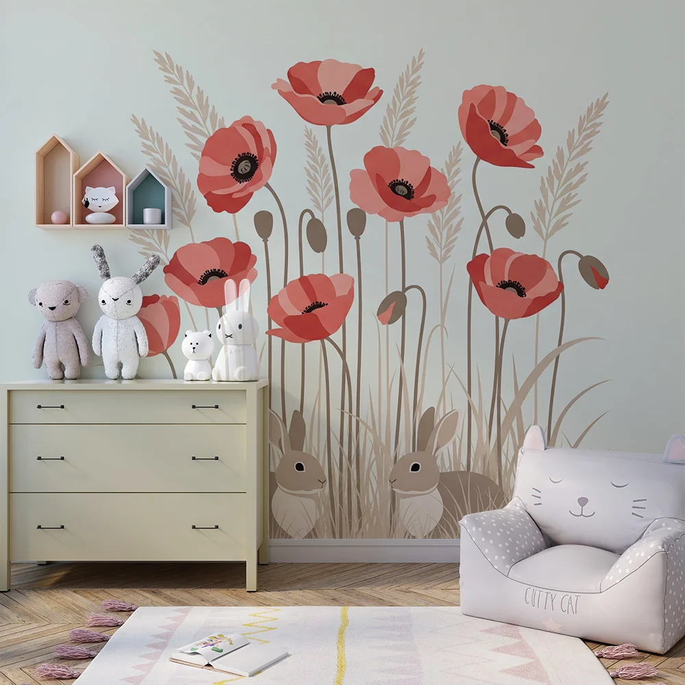 Papel de parede quarto bebê | Зайци и макове в цветно поле